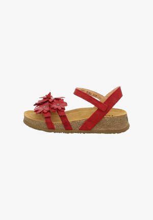 Rode sandalen met open teen, kurken zool, verstelbare enkelband en drie rode bloemdecoraties op de voorste banden.