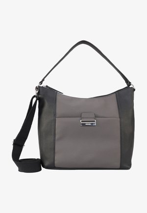 Hobo taška s černou a šedou koženou vnější stranou, na zip, s nastavitelným popruhem a stříbrným kováním na přední kapse.