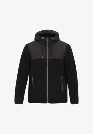 Jachetă neagră dintr-o combinație de polar texturat și țesătură netedă, cu glugă, fermoar frontal și buzunare laterale.