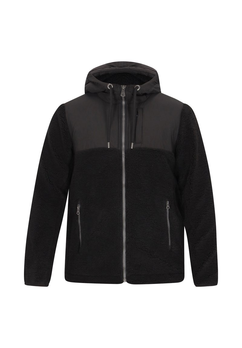 Giacca nera caratterizzata da un mix di pile testurizzato e tessuto liscio, con cappuccio, chiusura zip e tasche laterali.