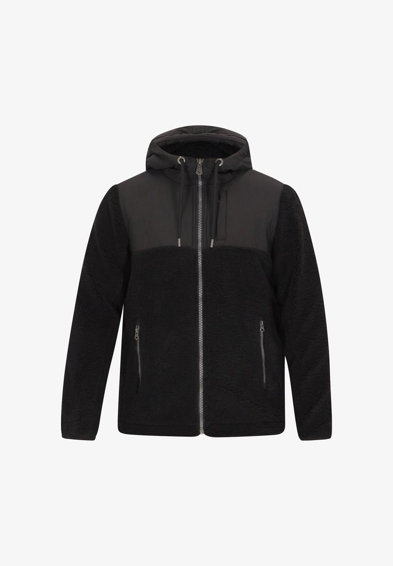 Giacca nera caratterizzata da un mix di pile testurizzato e tessuto liscio, con cappuccio, chiusura zip e tasche laterali.