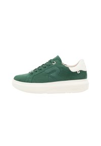 Green suede sneaker with a white leather heel accent, round toe, and flat white sole. Features round laces and a logo on the side.