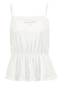 Top peplum bianco con spalline regolabili, bordo in pizzo attorno allo scollo e un tessuto testurizzato. Vita elasticizzata per una silhouette aderente.