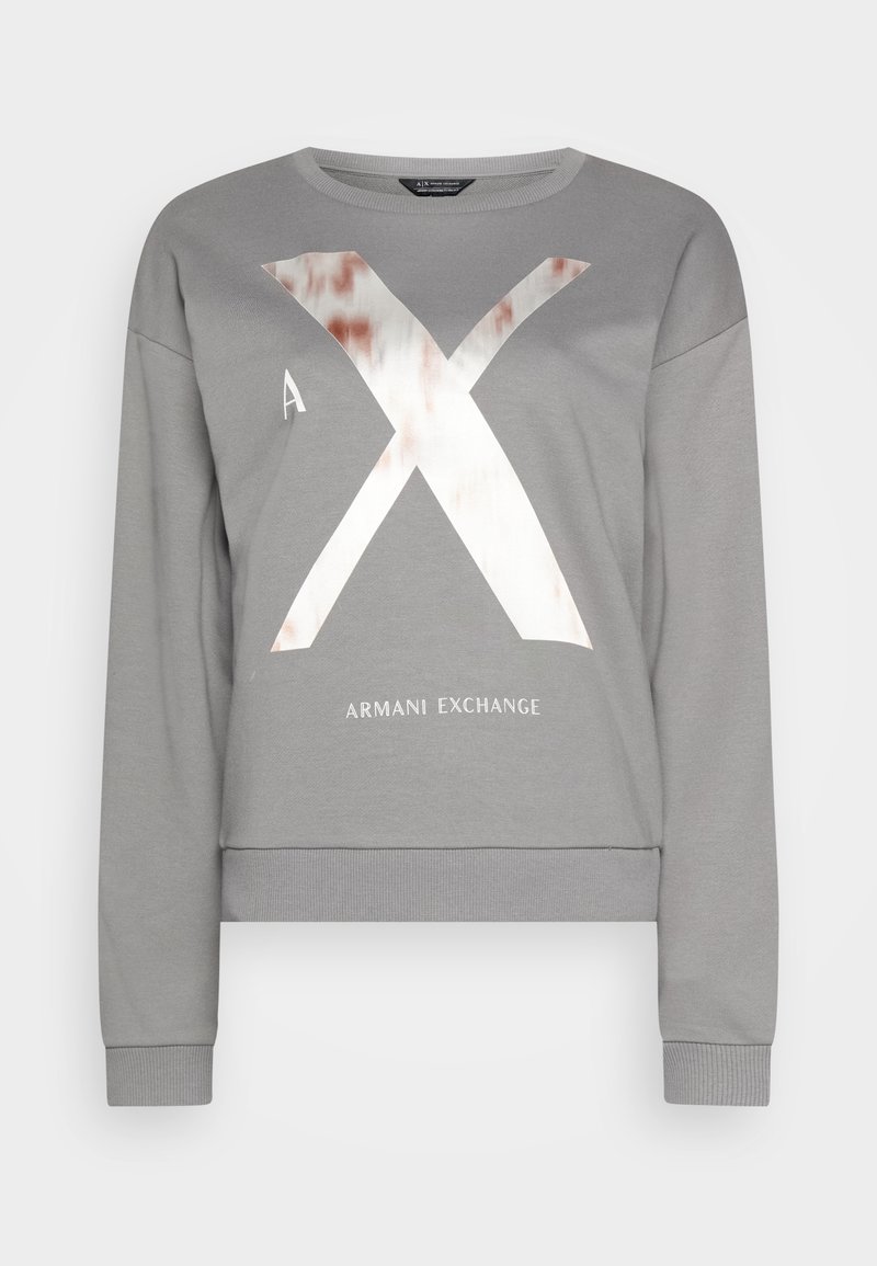 Sweatshirt gris à manches longues avec col rond, arborant un grand "X" brillant et le texte "Armani Exchange" sur le devant.