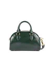 Green leather handbag with a rounded shape, two top handles, and a removable shoulder strap. Features gold hardware and a textured finish.