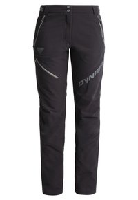 Pantalon d'extérieur noir avec poches zippées sur les cuisses et les hanches, taille boutonnée et logo "DYNAFIT" sur la cuisse droite.