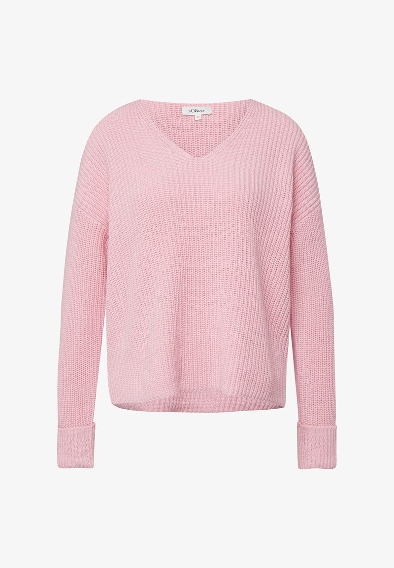 Lichtroze gebreide trui met een V-hals, lange mouwen en geribbelde manchetten. De textuur is zacht en grof, ideaal om in laagjes te dragen.