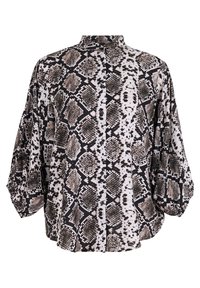 Camicia abbottonata con colletto alto, caratterizzata da un motivo a serpente in bianco e nero, maniche morbide e tessuto morbido e testurizzato.
