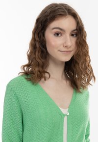 Cardigan verde lavorato a maglia con motivo a rombi, scollatura a V e chiusura con un solo bottone. La texture è leggera e traspirante, indossato sopra una maglia beige.