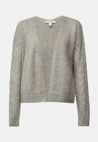 Ljusgrå cardigan med V-ringning, öppen front, texturerad väv och mönstrade ärmar med ett zigzag-mönster. Mjukt material.