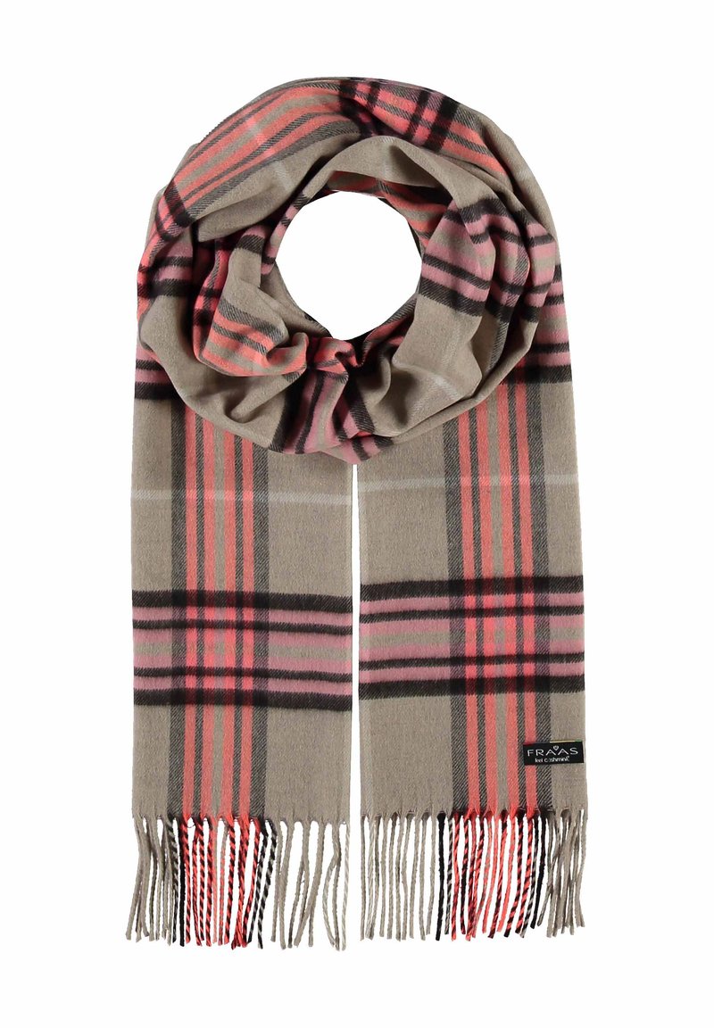 Beige tørklæde med lyserød og sort plaid mønster, afsluttet med frynse detaljer. Lavet af blødt stof, velegnet til koldt vejr.