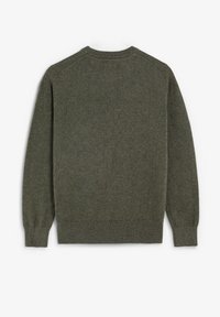 Olijfgroene gebreide trui met lange mouwen, ronde hals en geribde manchet en zoom, plat getoond van achteren op een witte achtergrond.