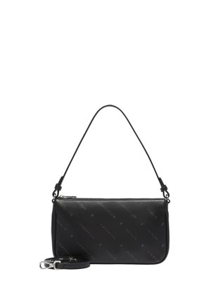 Schwarze rechteckige Ledertasche mit kurzem Griff und abnehmbarem Riemen, gemustert mit wiederholtem "Liebeskind Berlin" Text und Logo.