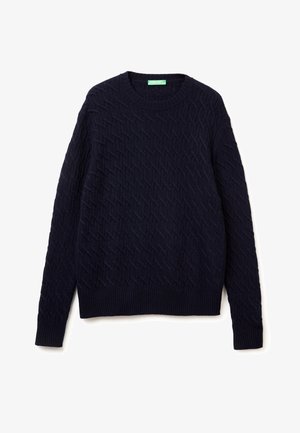 Maglione lavorato a maglia blu navy con un motivo a diamante testurizzato, scollo rotondo e polsini e orlo a costine. Tessuto morbido con una sensazione accogliente.