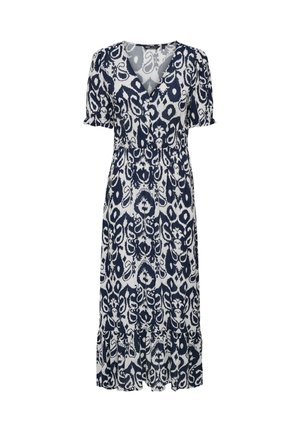 Navy and white patterned dress with a V-neck, short sleeves, and a tiered ruffle hem. Made of lightweight fabric, featuring intricate designs.