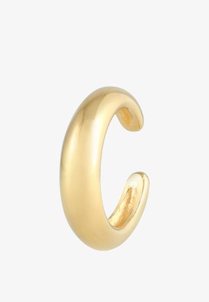Boucle d'oreille en métal doré, surface lisse avec une finition polie, design incurvé, forme ouverte, présentant un look épuré et minimaliste.