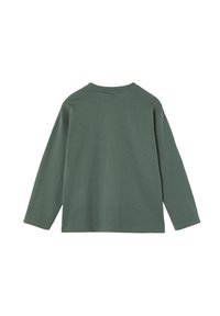 Langärmliges Shirt in Dunkelgrün, aus weichem Stoff mit Rundhalsausschnitt und genähten Kanten. Keine Muster oder Akzente sichtbar. Rückansicht.