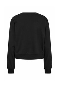 Felpa nera cropped realizzata in tessuto misto cotone, con maniche lunghe, collo e polsini a coste e una superficie liscia e leggermente testurizzata.