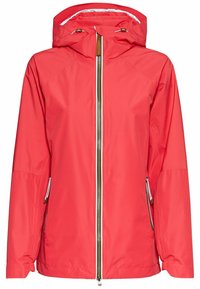 Red waterproof jacket with a hood, featuring a full zip front, adjustable drawstring, and side pockets with zip closures.