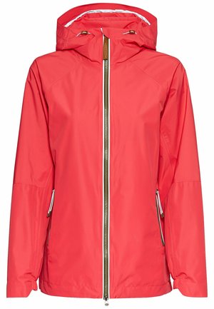 Red waterproof jacket with a hood, featuring a full zip front, adjustable drawstring, and side pockets with zip closures.