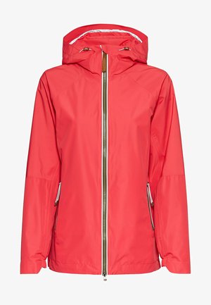 Rote wasserdichte Jacke mit Kapuze, ausgestattet mit einem durchgehenden Reißverschluss, verstellbarem Kordelzug und seitlichen Taschen mit Reißverschluss.