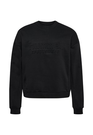 Schwarzer Sweatshirt aus weichem Stoff, mit einem gerippten Rundhalsausschnitt, langen Ärmeln und einem geprägten "hummel SPORTSWEAR"-Logo auf der Vorderseite.