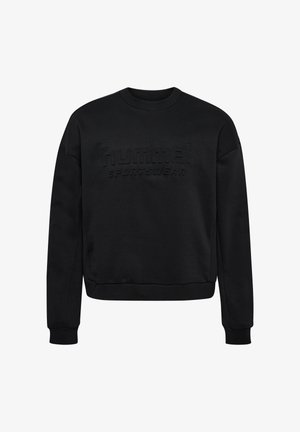 Schwarzer Sweatshirt aus weichem Stoff, mit einem gerippten Rundhalsausschnitt, langen Ärmeln und einem geprägten "hummel SPORTSWEAR"-Logo auf der Vorderseite.