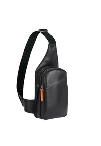 Borsa a tracolla nera in pelle con tracolla regolabile. Presenta due tasche con zip e un tirazip arancione. Texture liscia, design minimalista.
