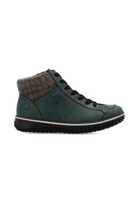 Groene leren mid-top schoen met een gebreide bruine manchette, zwarte veters, textuurzool en logodetail aan de zijkant.