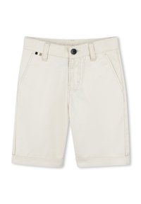 Lys beige bomullsshorts med rett snitt, rullet kant og to frontlommer. Har svart knapp og små metalldetaljer.