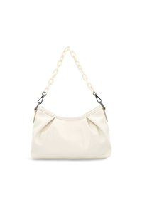 White leather handbag with a pleated design, chain strap, and silver hardware. Smooth texture and rounded shape.