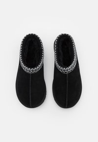Paire de chaussons noirs à enfiler avec intérieur en peluche douce et couture blanche décorative autour de l'ouverture, vus de dessus sur fond blanc.