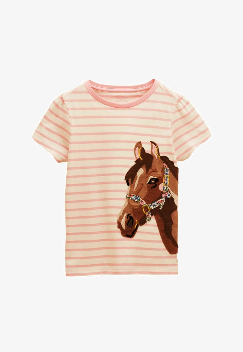 Chemise pour enfants à manches courtes avec rayures roses et blanches, ornée d'un grand patch en forme de tête de cheval portant un licol fleuri sur le côté droit avant.