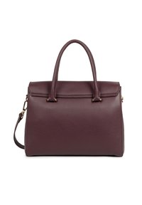 Borsa a mano in pelle viola scuro con due manici, una patta frontale e una tracolla rimovibile con finiture dorate.