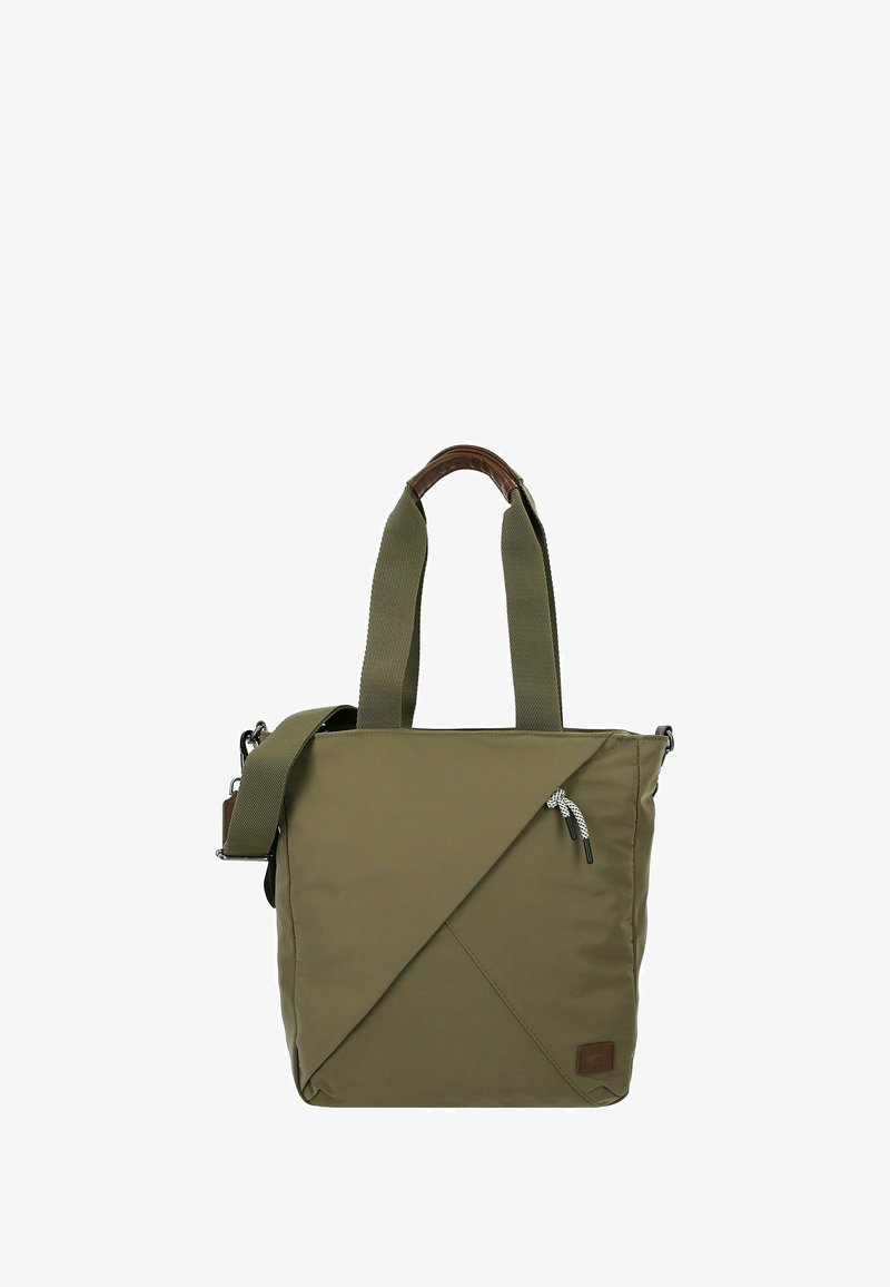 Sac fourre-tout rectangulaire vert olive, avec des poignées texturées, fermeture éclair et un aspect de couture diagonale. Inclut une bandoulière amovible.