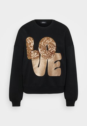 Sort sweatshirt med store gyldne glimmerbogstaver, der staver "LOVE." Ribbet manchetter og kant, afslappet pasform, blød stoftekstur.