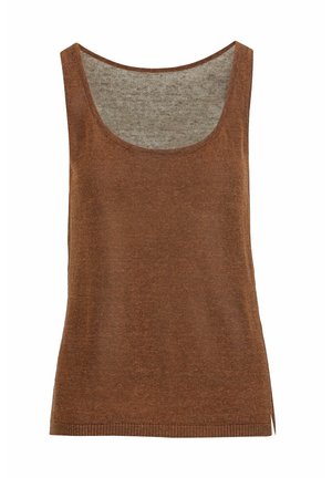 Brązowy dzianinowy bezrękawnik z dekoltem typu scoop i małym rozcięciem z boku na dole.