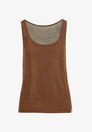 Barna, kötött, ujjatlan trikó mély kivágással és kis oldalsó sliccel az alsó szegélyen.