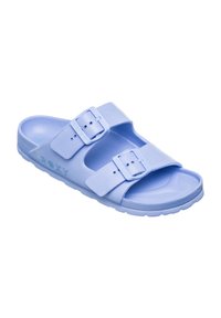 Lichtblauwe schuifslippers met twee verstelbare gespen, gebogen banden en een dikke zool. Met het logo "ROXY" in lichtblauw op de zijkant.