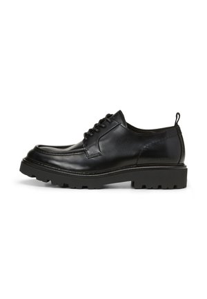 Black leather shoes with a rounded toe, lace-up design, textured upper, and rugged outsole. Features a pull tab at the heel for easy wear.