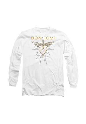 Weißes Langarm-T-Shirt mit einem grafischen Design eines Herzens mit Flügeln und einem Schwert, sowie dem Text "BON JOVI" in Gold.