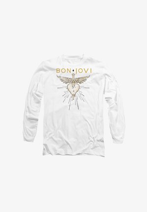 Weißes Langarm-T-Shirt mit einem grafischen Design eines Herzens mit Flügeln und einem Schwert, sowie dem Text "BON JOVI" in Gold.