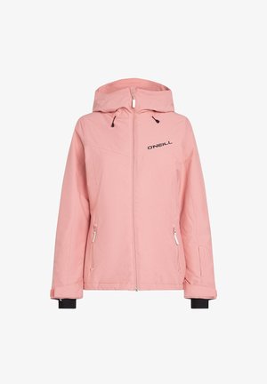Rosafarbene Softshelljacke mit Kapuze, Reißverschluss, Seitentaschen und schwarzen Akzenten an den Bündchen. Mit "O'Neill"-Logo auf der Brust. Glatte Textur.