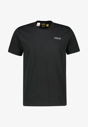 Svart kortermet bomull T-skjorte med rund hals og "POLO"-logo i hvitt på venstre brystområde. Glatt tekstur. Klassisk design.