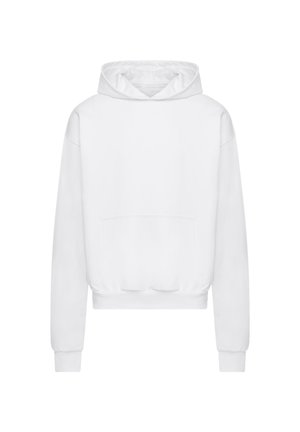 White cropped hoodie made of soft fabric, featuring a large front pocket, a drawstring hood, and ribbed cuffs and hem.