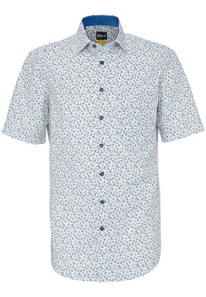 Kurzärmeliges Hemd mit durchgehender Knopfleiste, weißem Stoff mit kleinem blauem Blumenmuster und blauer innerer Kragenverkleidung.