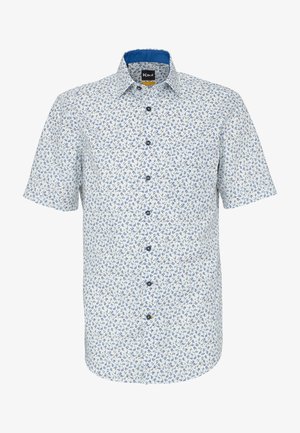 Chemise à manches courtes avec petits motifs floraux bleus sur tissu blanc et doublure intérieure du col bleue.
