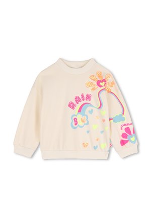 Crèmekleurige sweatshirt met lange mouwen met een kleurrijke regenboog, harten, bloemen en de tekst "BRAIN" en "Billeblue" op de voorkant en mouw.