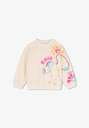 Sweat-shirt à manches longues couleur crème avec arc-en-ciel coloré, cœurs, fleurs et le texte "BRAIN" et "Billeblue" sur le devant et la manche.