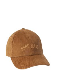 Bruine corduroy baseballcap met gebogen rand, voorzien van "PEPE JEANS" geborduurd in bijpassende kleur op het voorpaneel.
